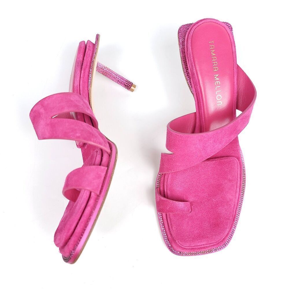 NEW Tamara Mellon Astral Pink Suede Sandal Crystal Stiletto Kitten Heel Toe Ring